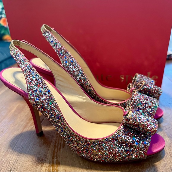 NWB KATE SPADE Hot Pink Multi Glitter Bow Heels US 6 - Picture 4 of 11